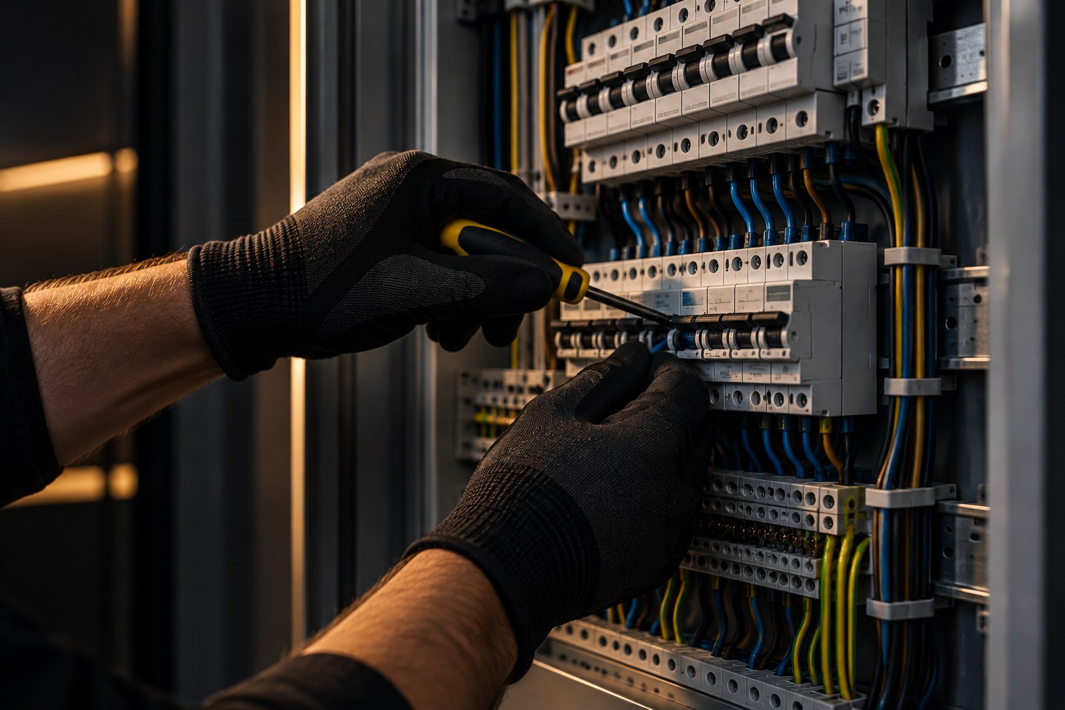 Elektriker bei der Arbeit an einem Sicherungskasten
