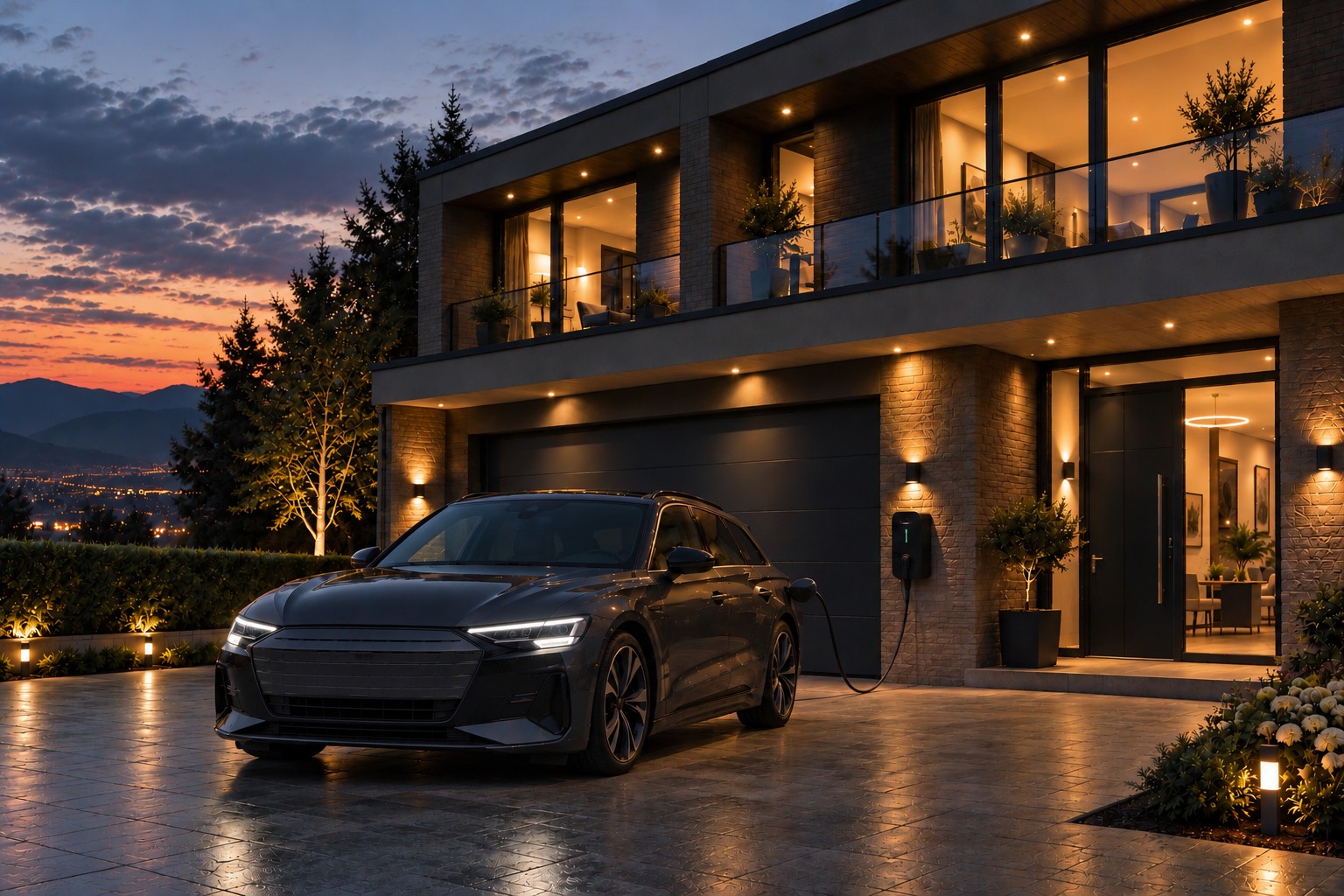 Modernes Wohnhaus bei Nacht mit beleuchteter Fassade